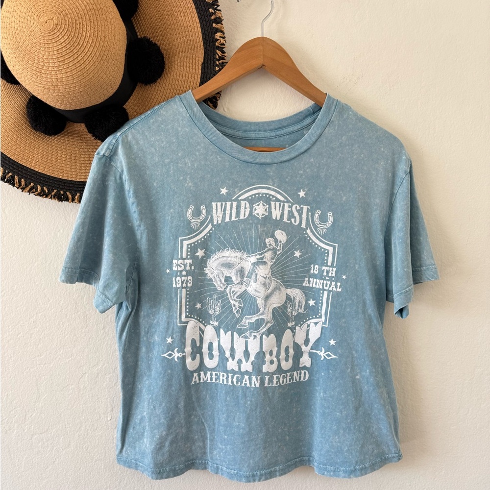Rebellious One Blue Acid Wash Wild West Cowboy Tee Size Medium Western Boho - Picture 2 of 8